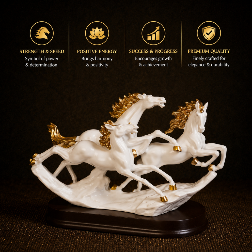 Short Details of Elegant Trio of White Running Horses Showpiece