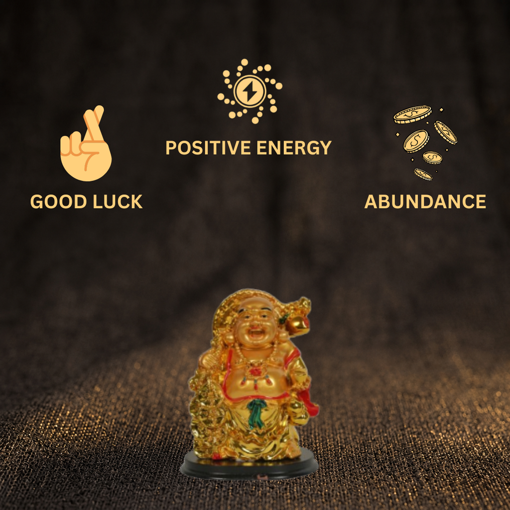 Short Details of Exquisite Golden Laughing Buddha on Black Base