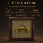 Short details of 7 Running Horses with Rising Sun on Natural Pyrite Dust Wooden Frame