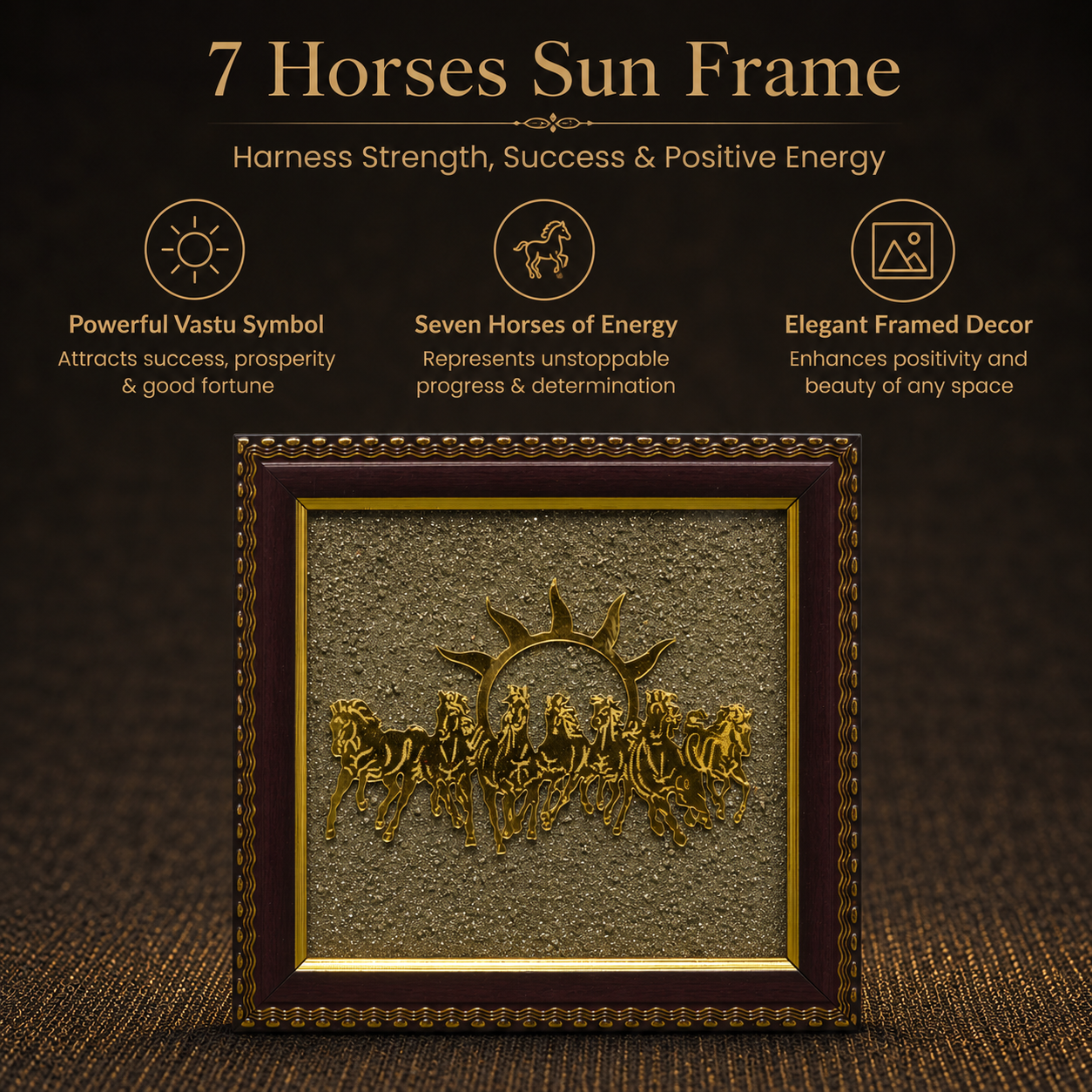 Short details of 7 Running Horses with Rising Sun on Natural Pyrite Dust Wooden Frame