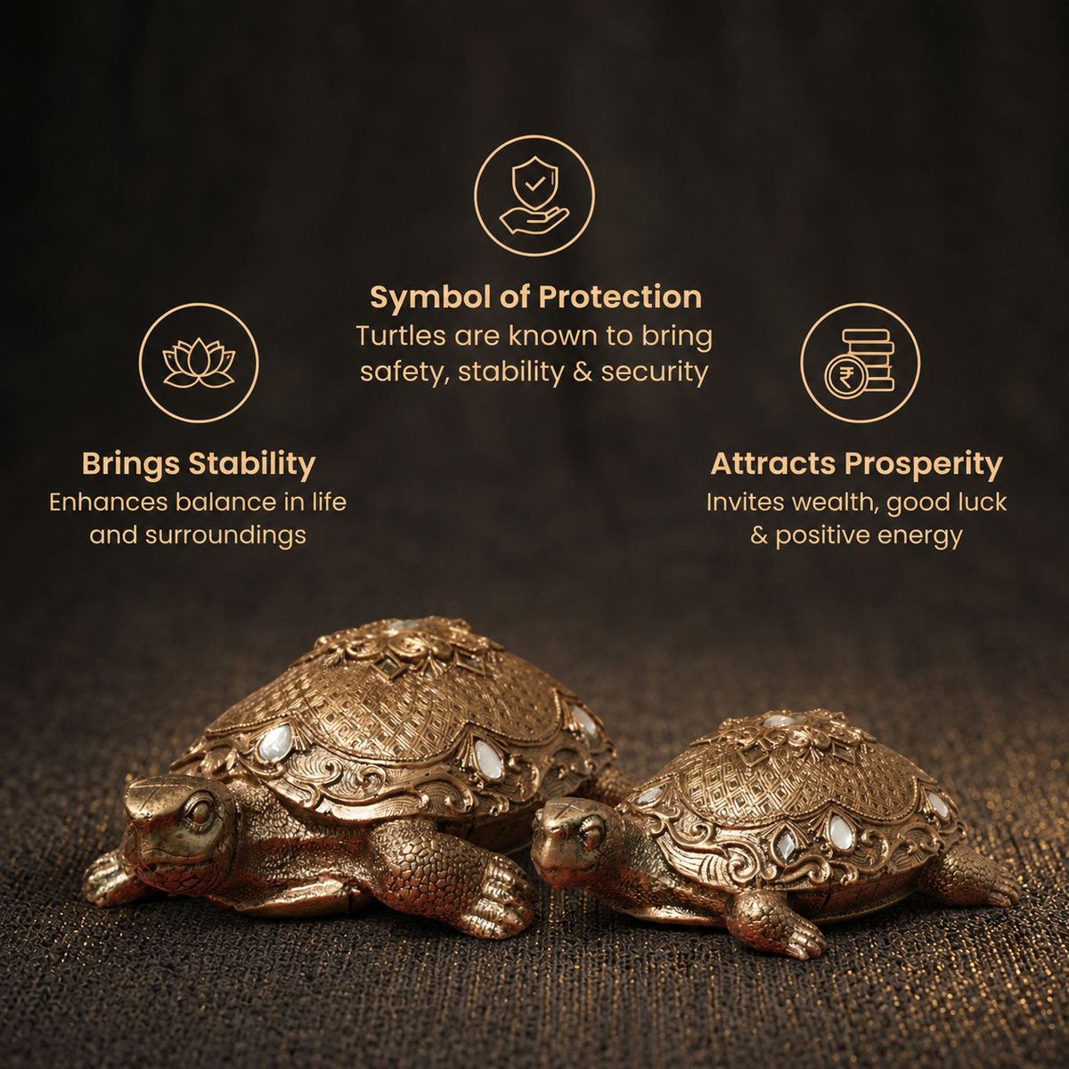 Short details of Antique Gold Finish Gem-Studded Metal Tortoise Pair