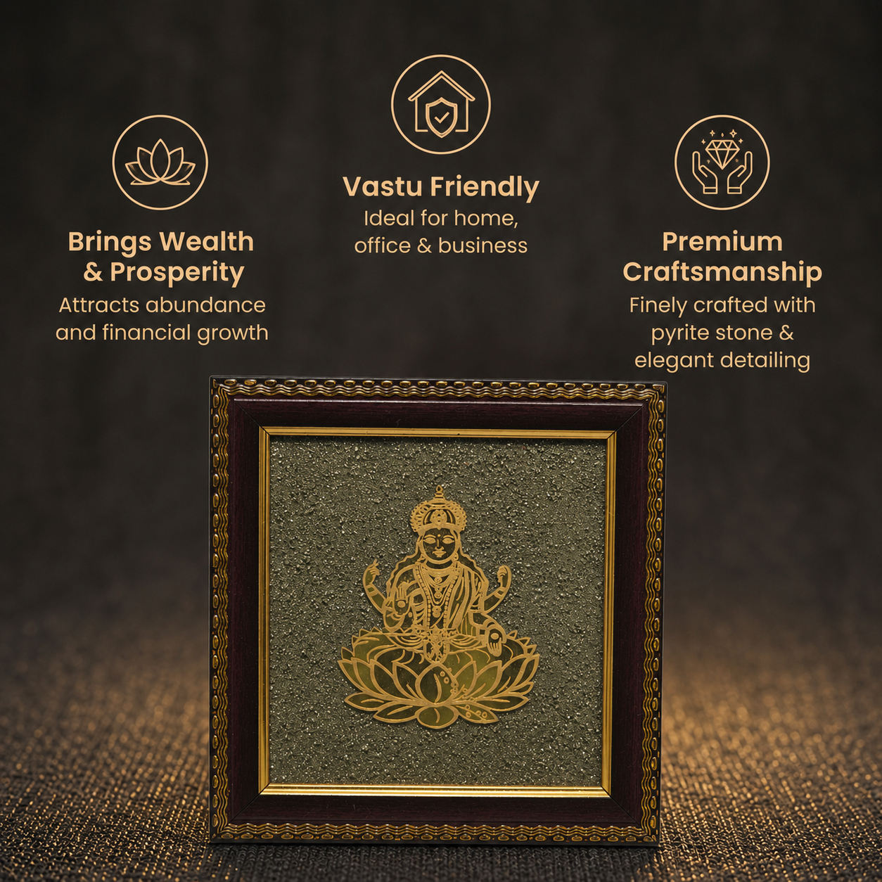 Short details of Golden Goddess Laxmi on Natural Pyrite Dust Wooden Frame