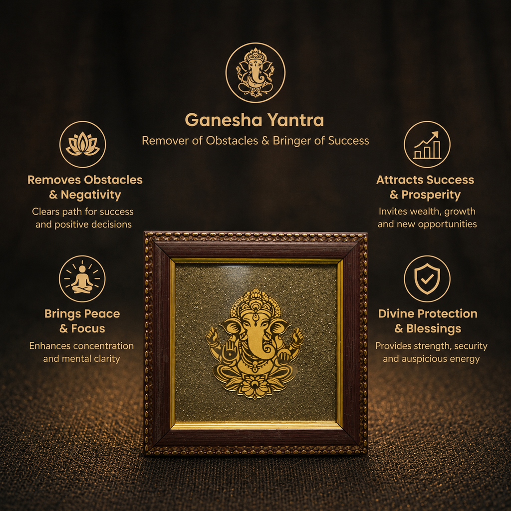 Short details of Golden Lord Ganesha on Natural Pyrite Dust Wooden Frame