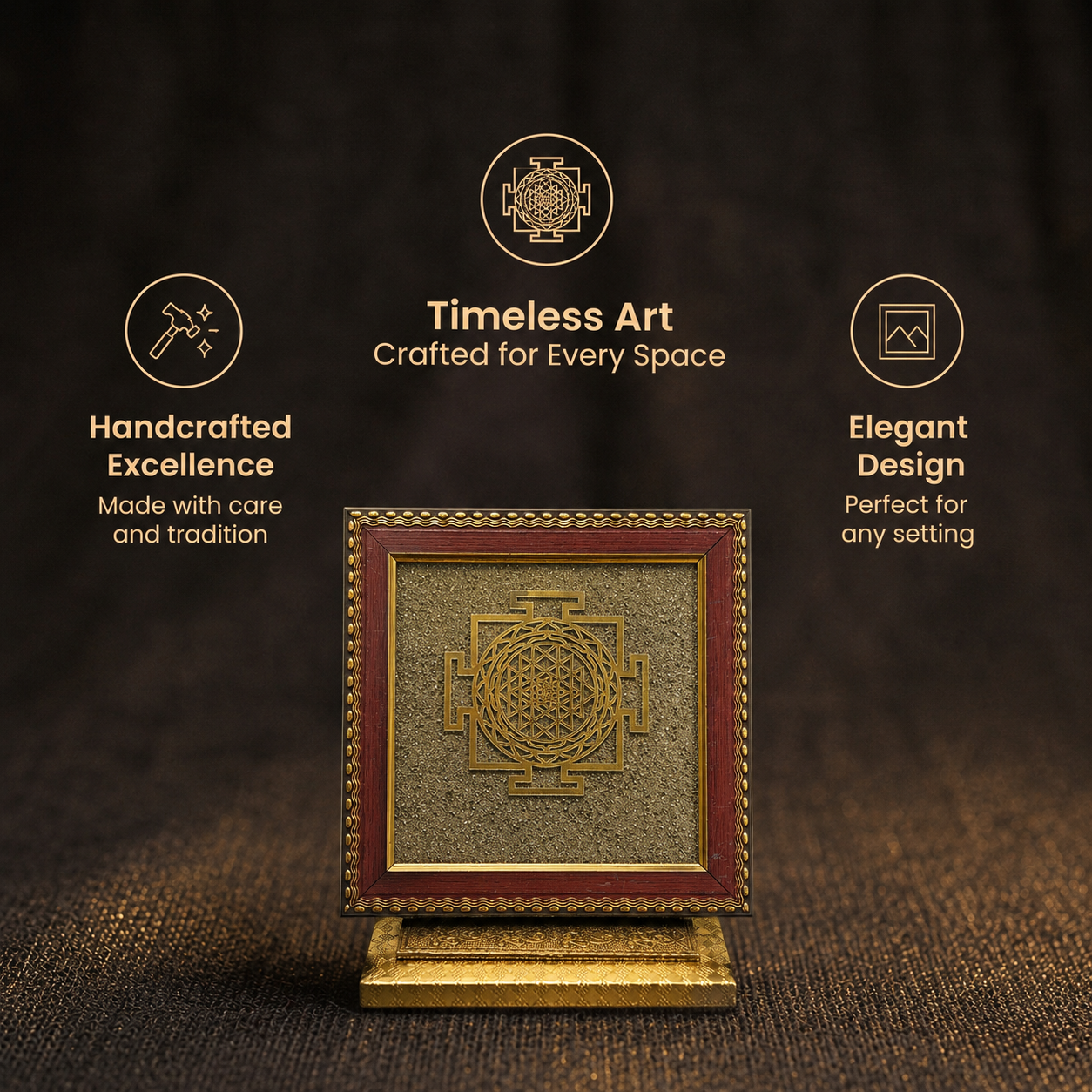 Short details of Golden Shree Yantra on Pyrite Crystal Dust Wooden Frame