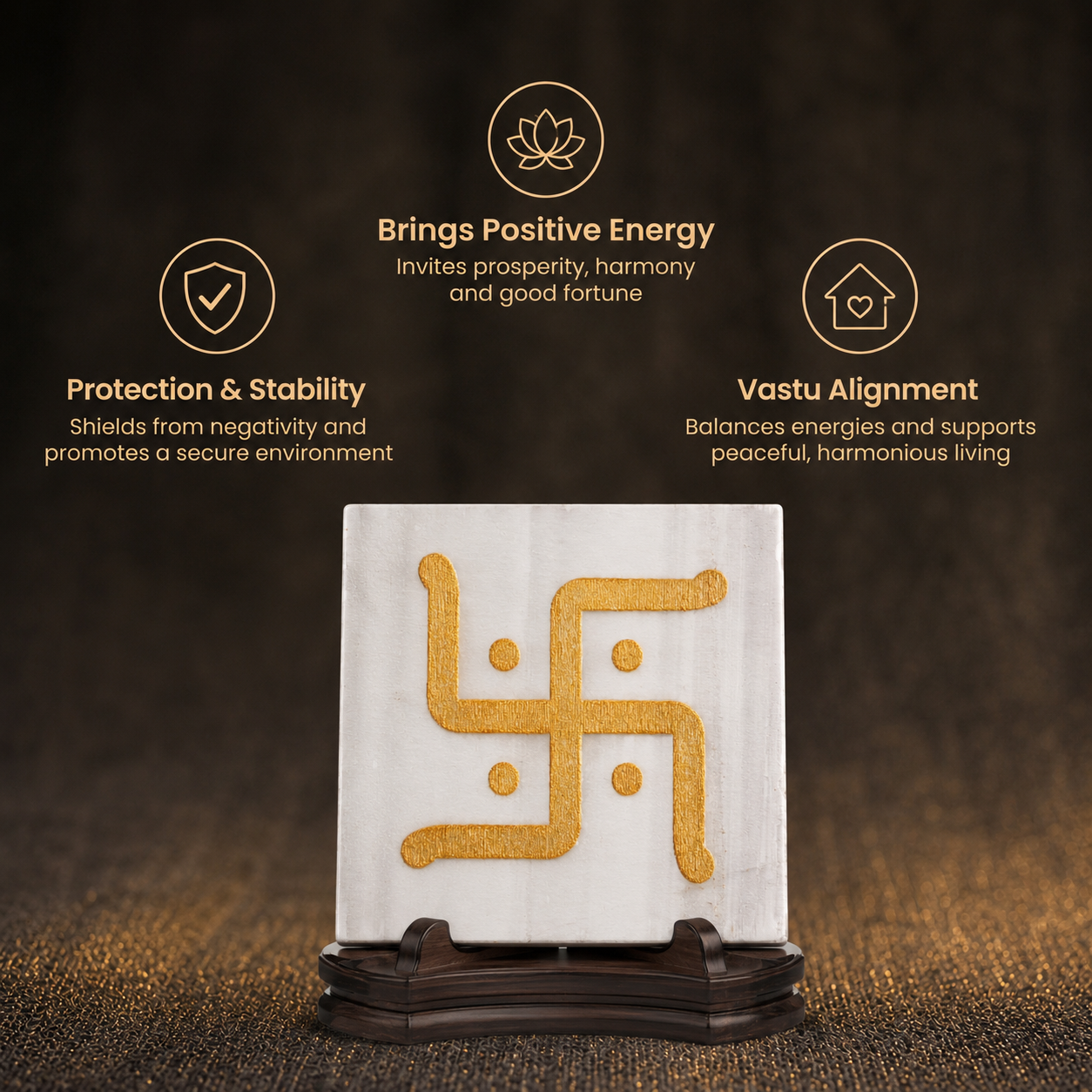 Short details of Golden Swastik Engraved Natural Square Selenite Plate