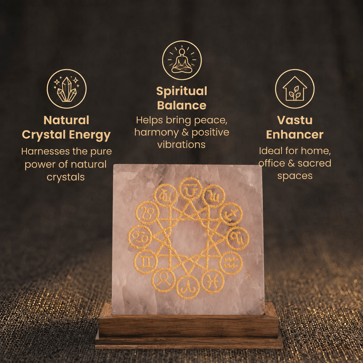 Short details of Golden Zodiac Wheel Engraved Rose Quartz Square Charging Plate