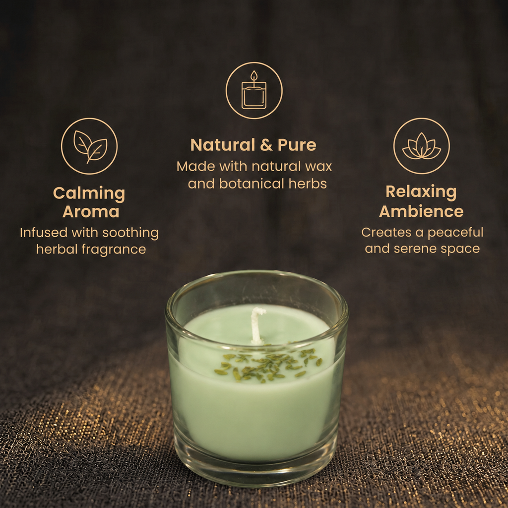 Short details of Green Herbal Prosperity & Mercury Energy Vastu Glass Candle