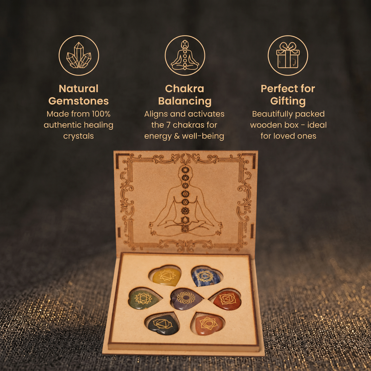 Short details of Natural 7 Chakra Engraved Heart Gemstones Set