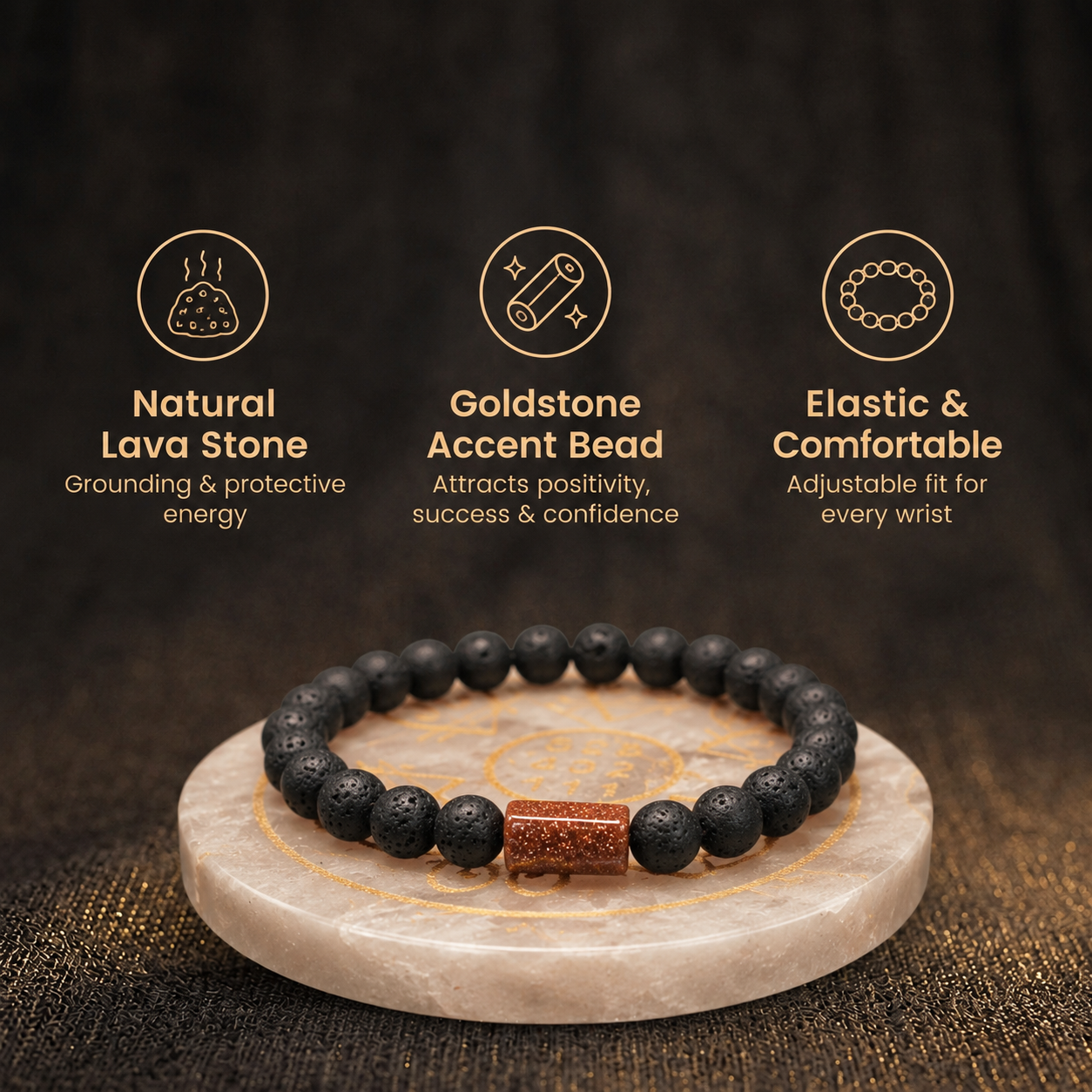 Short details of Natural Black Lava Stone & Brown Sunstone Barrel Energy Bracelet
