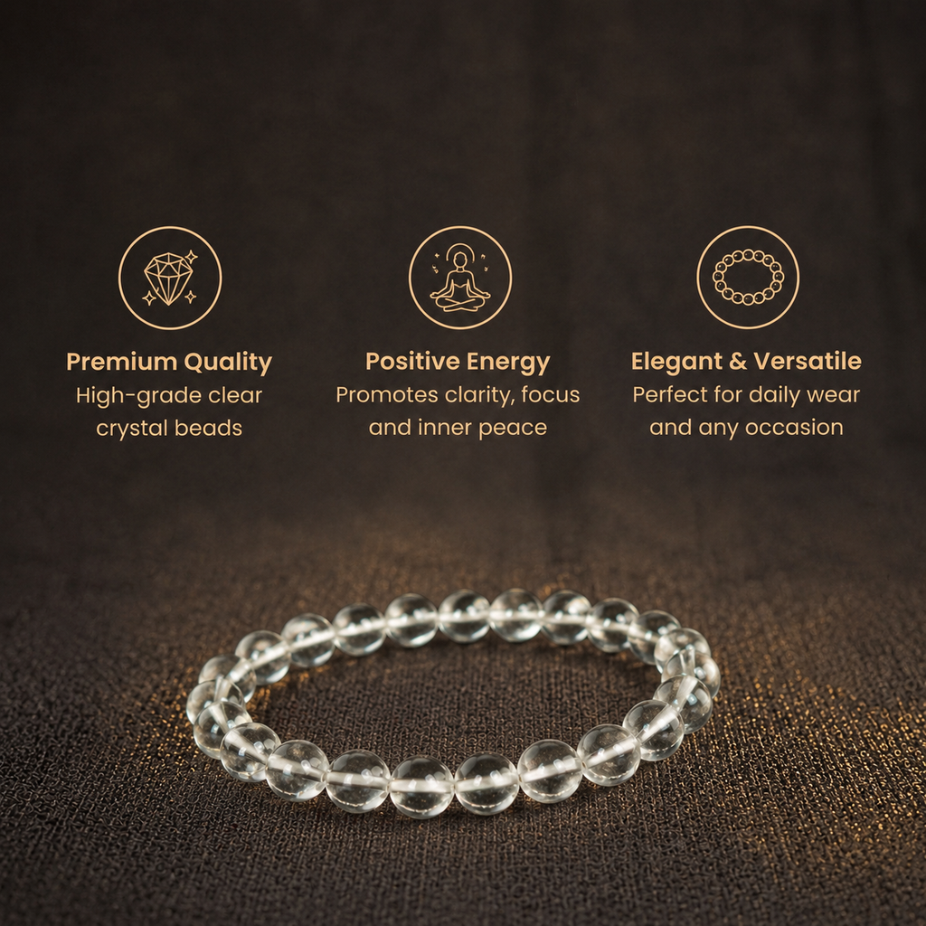 Short details of Natural Clear Quartz Energy Bracelet for Mind Clarity, Positivity & Venus Alignment