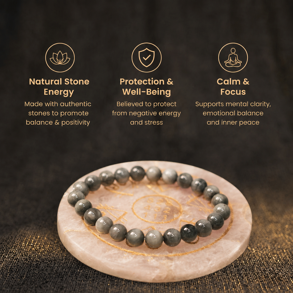 Short details of the Natural Grey Cat's Eye Energy Bracelet for Protection, Intuition & Ketu Alignment