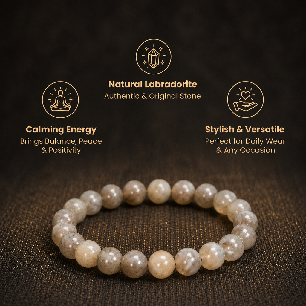 Short details of Natural Grey Labradorite Energy Bracelet for Intuition, Aura Protection & Rahu-Ketu Alignment
