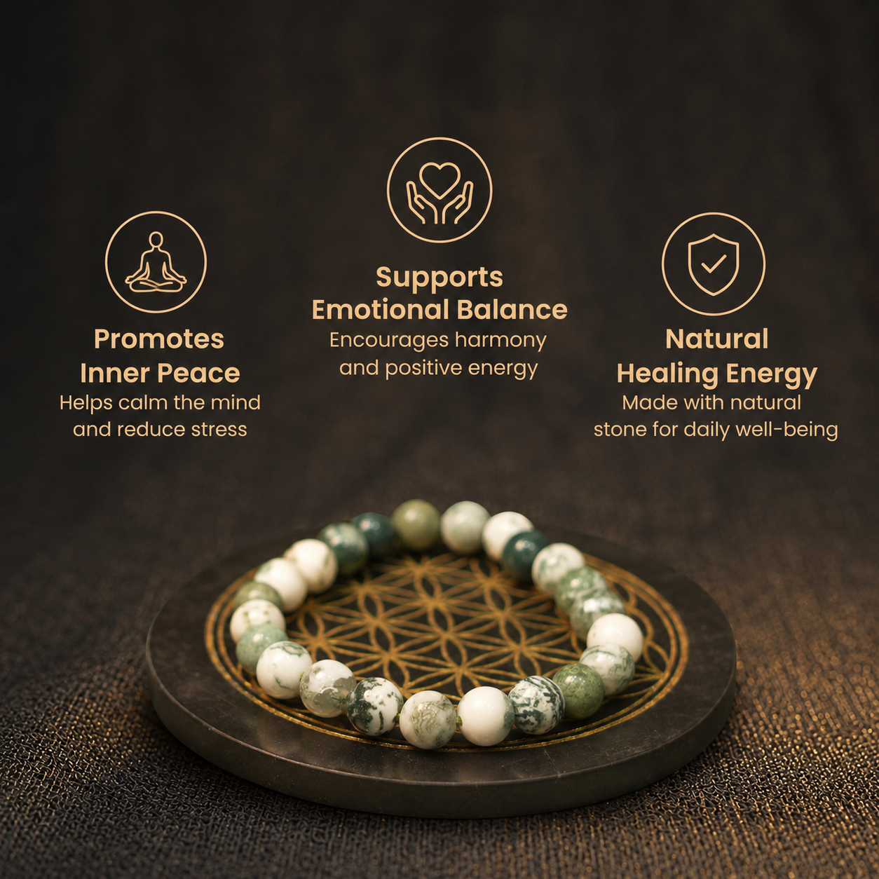 Short details of Natural Tree Agate & Moss Agate Energy Bracelet for Prosperity, Growth & Mercury Alignment
