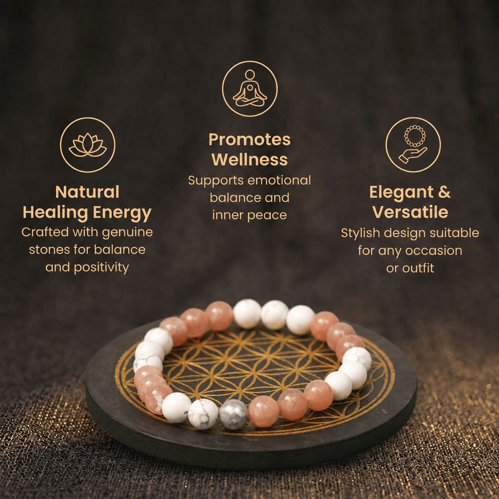 Short details of Radiance Peach Moonstone & White Howlite Vastu Energy Bracelet