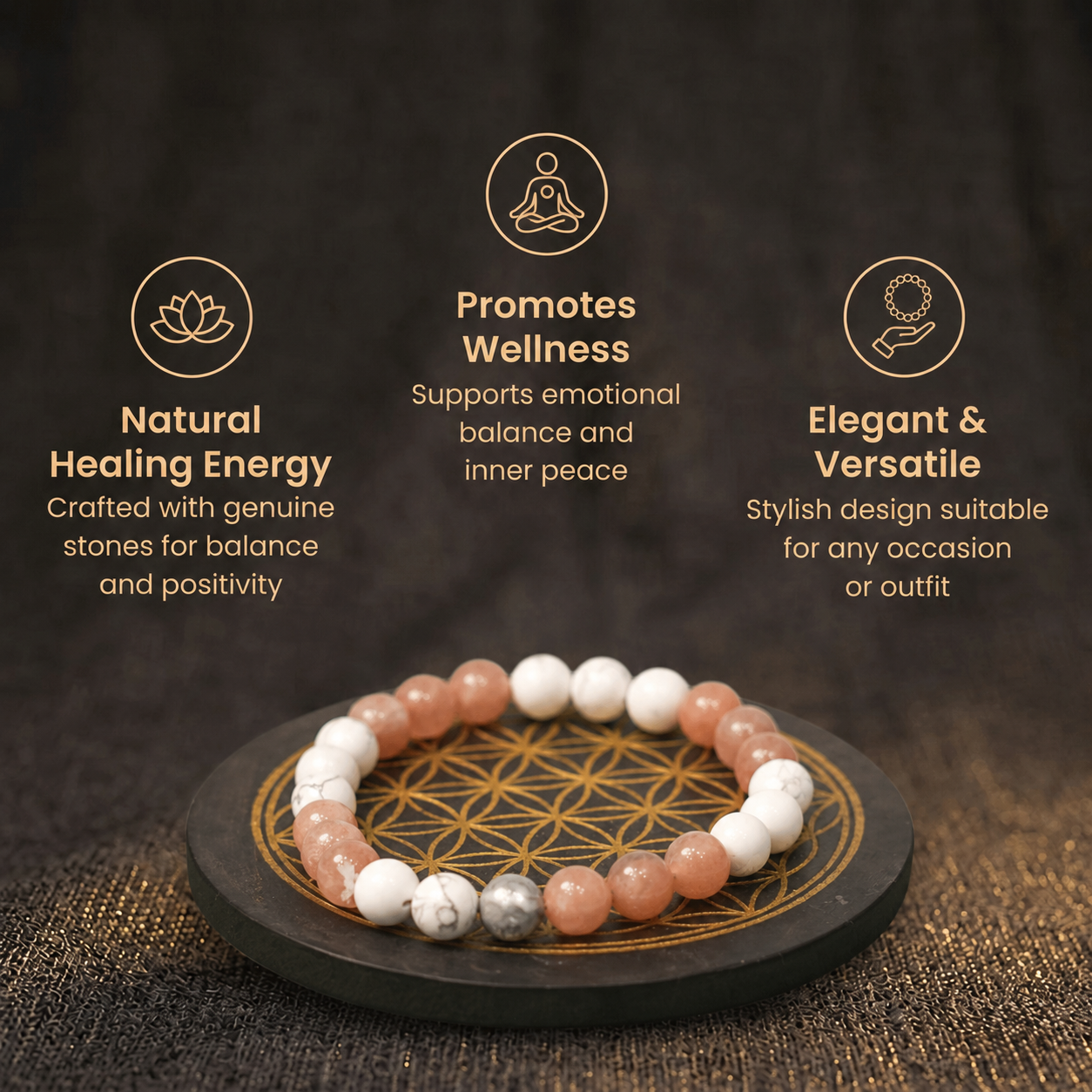 Short details of Radiance Peach Moonstone & White Howlite Vastu Energy Bracelet