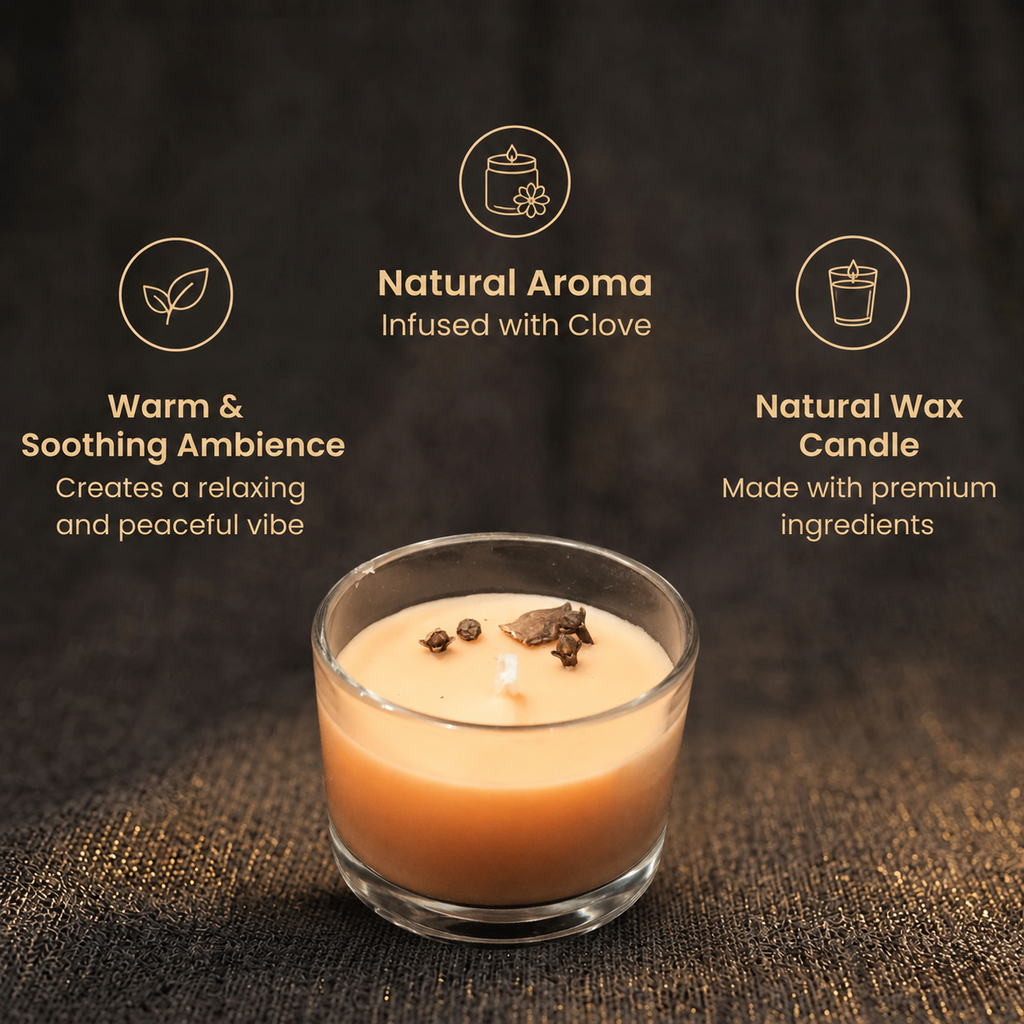 Short details of Sacred Clove & Cinnamon Infused Peach-Orange Sun & Mars Energy Vastu Candle