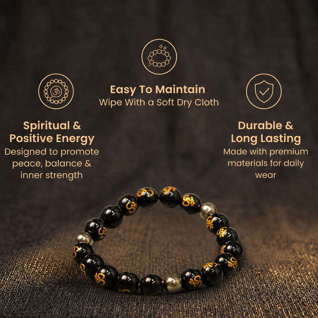 Short details of Sacred Om Engraved Black Obsidian & Pyrite Protection Bracelet