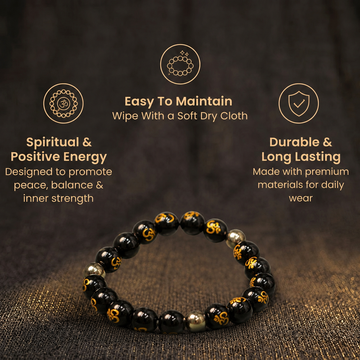 Short details of Sacred Om Engraved Black Obsidian & Pyrite Protection Bracelet