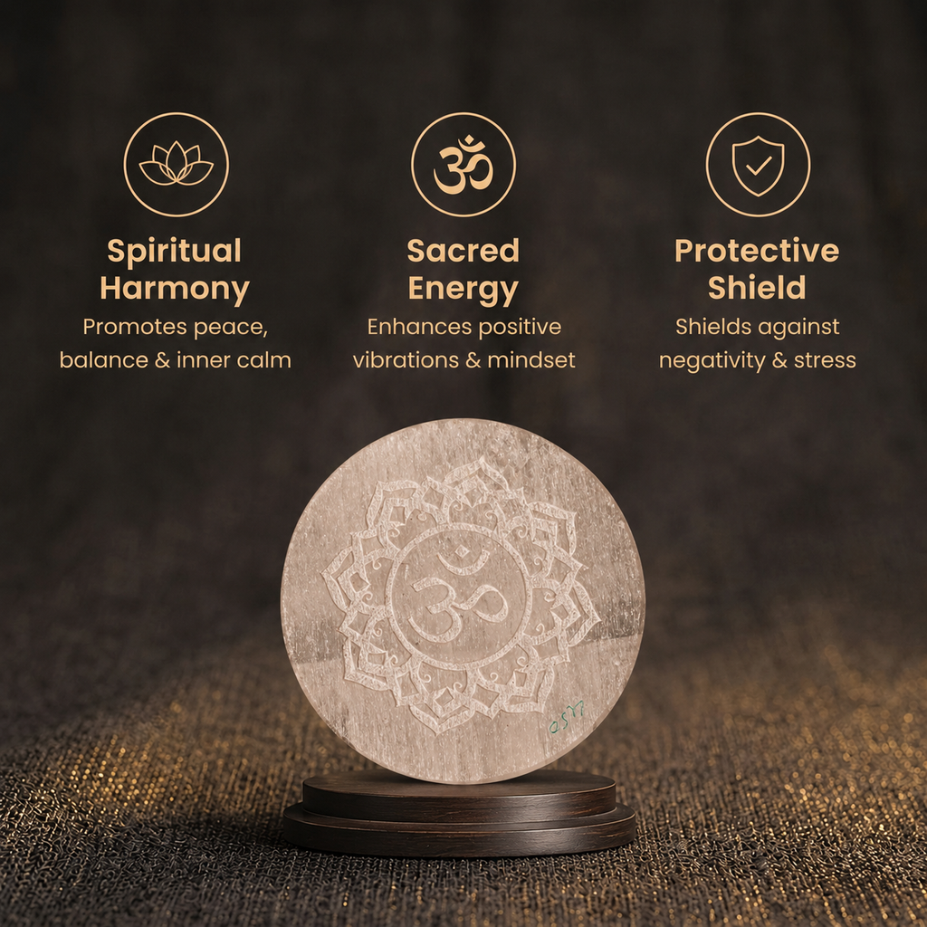 Short details of Sacred Om Lotus Engraved Natural Selenite Round Charging Plate