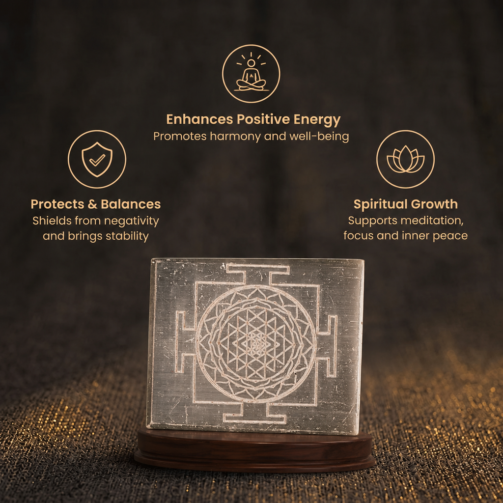 Short details of Sacred Shree Yantra Engraved Square Selenite Charging Plate