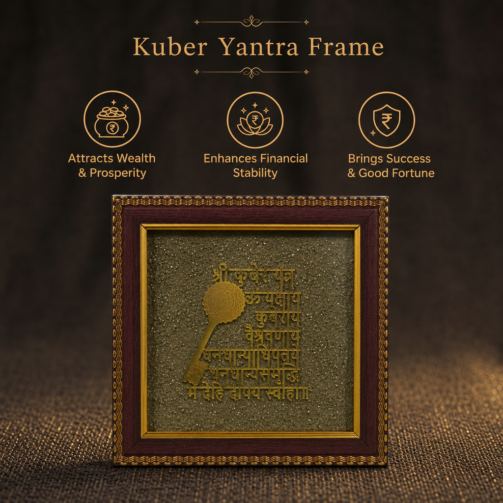 Short details of Shree Kuber Key & Mantra on Natural Pyrite Dust Wooden Frame