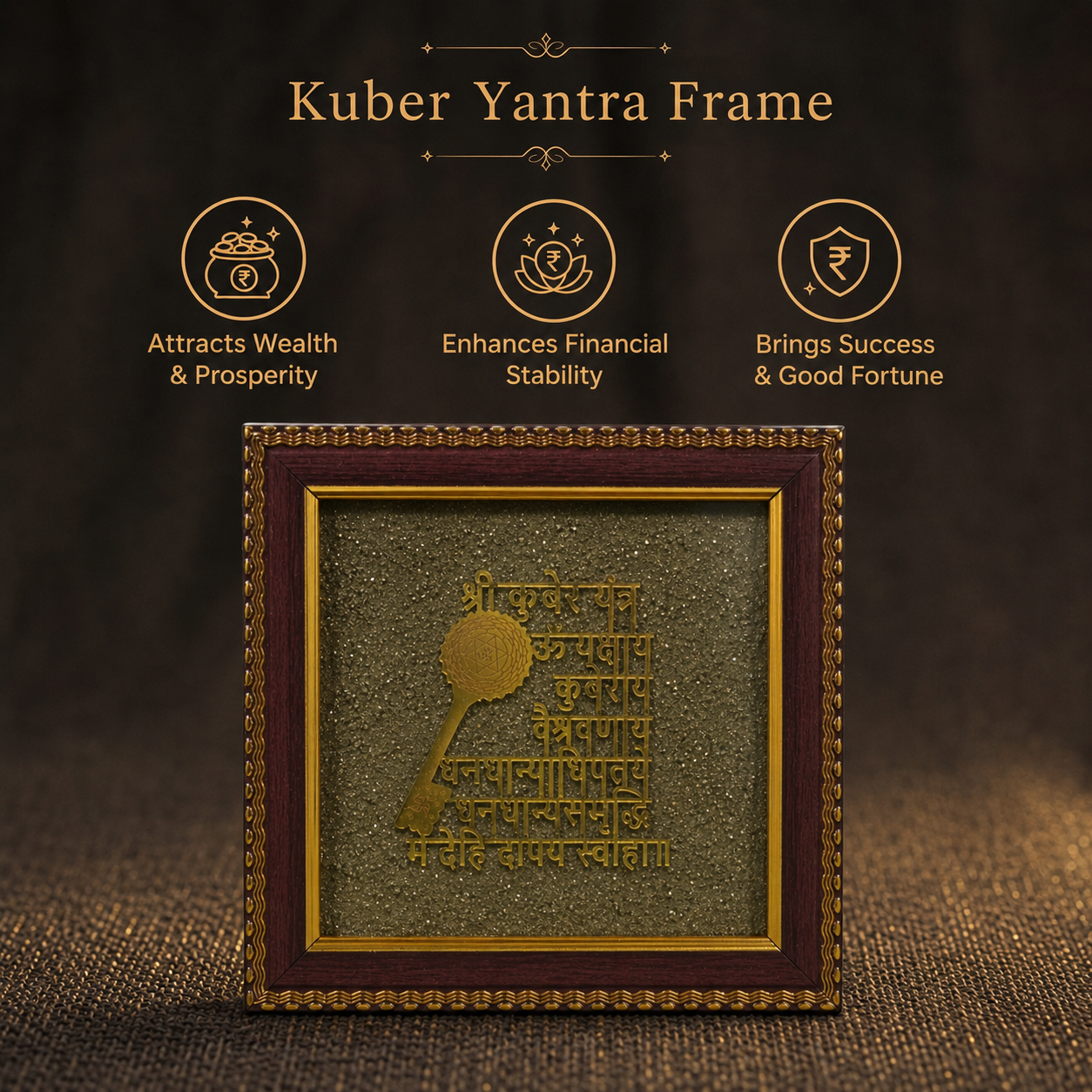 Short details of Shree Kuber Key & Mantra on Natural Pyrite Dust Wooden Frame