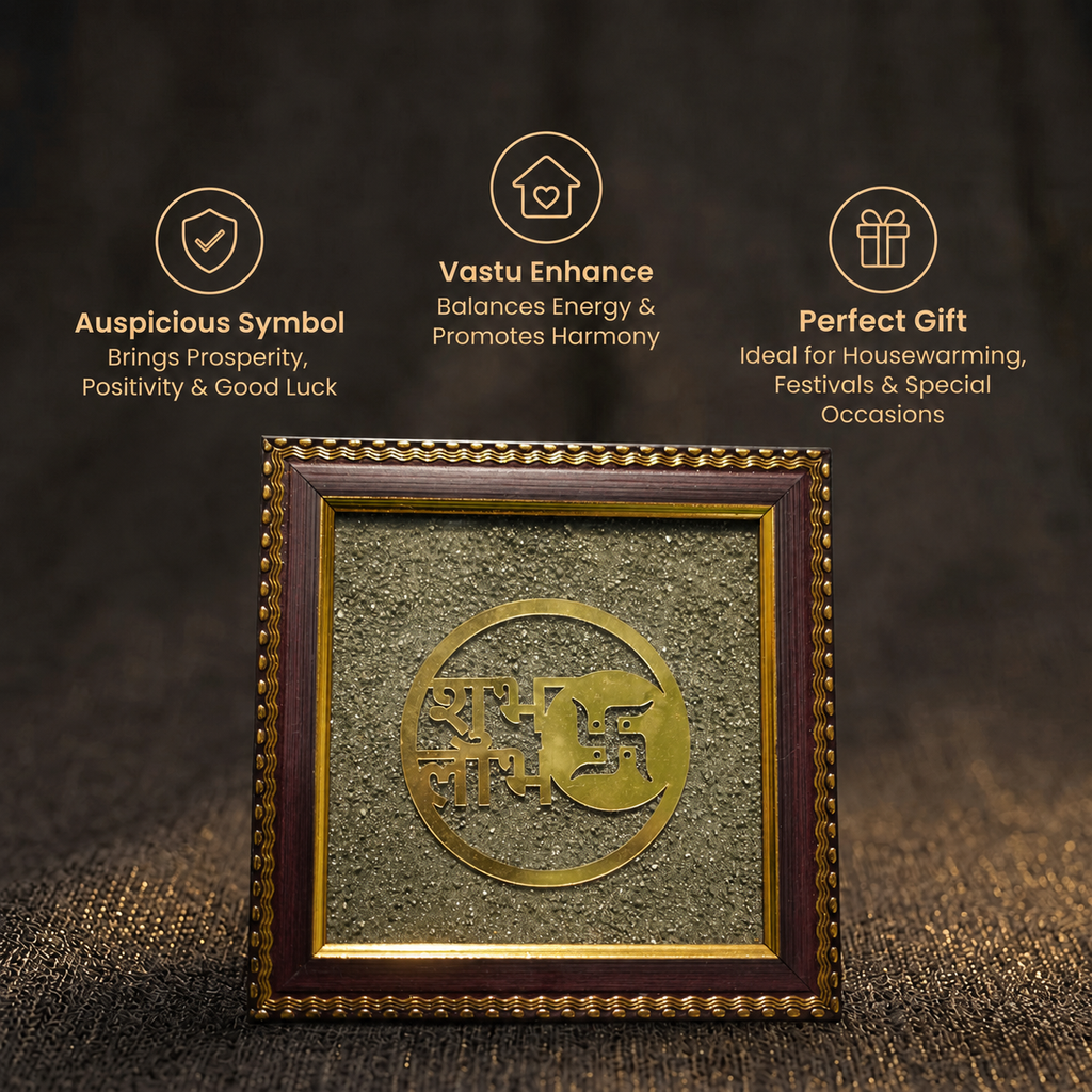 Short details of Shubh Labh & Swastik on Natural Pyrite Dust Frame