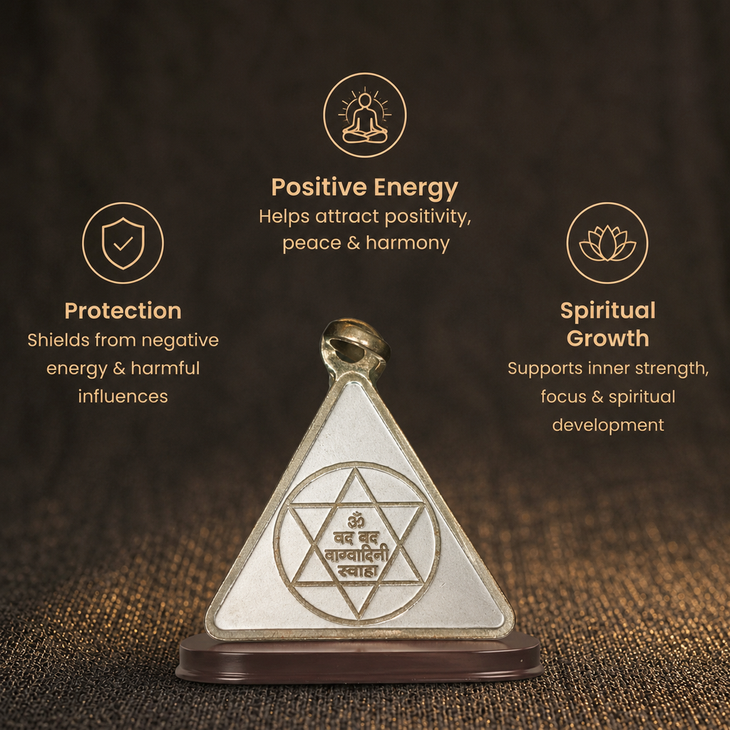 Short details of Silver Triangular Saraswati Vagvadini Yantra Tavij