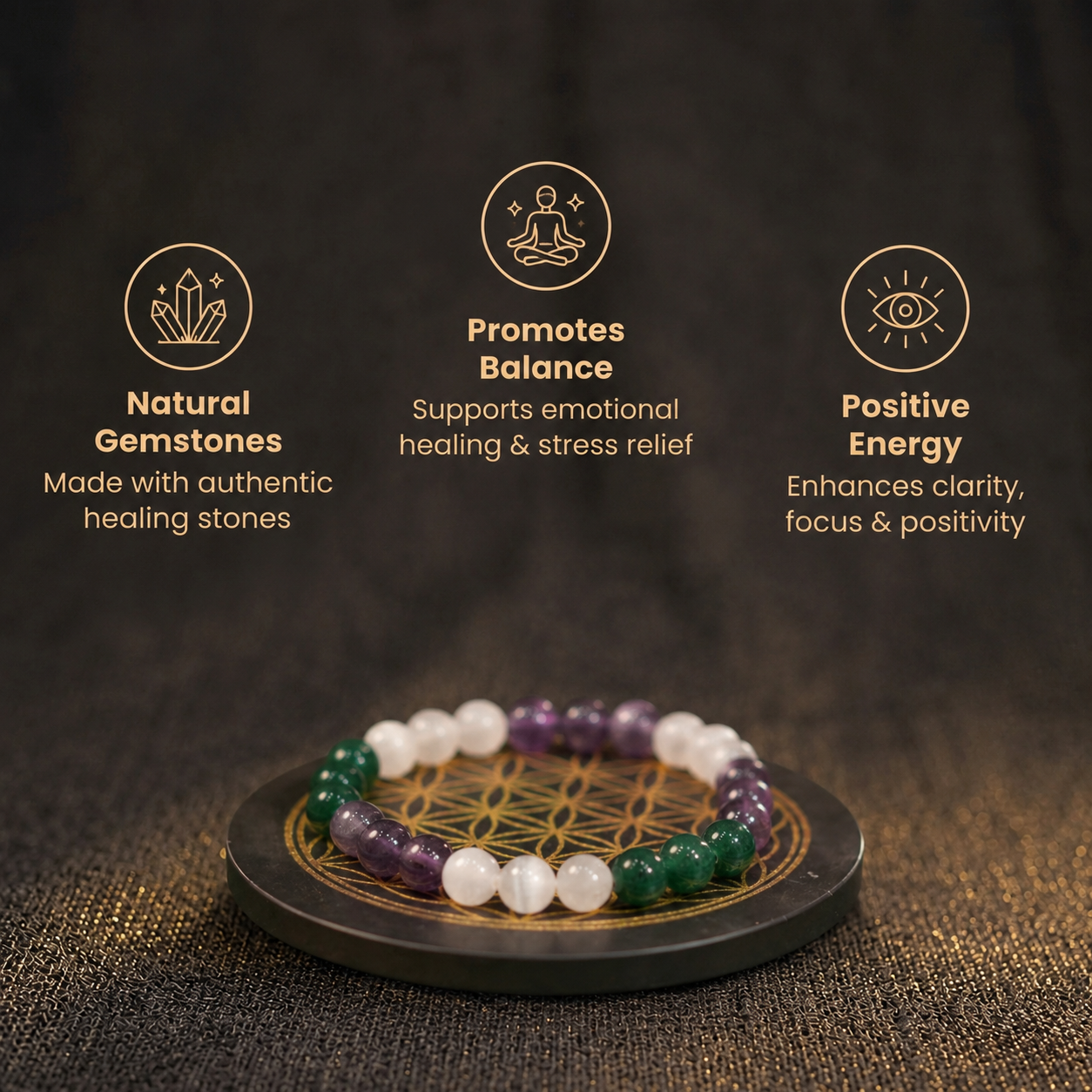 Short details of Tri-Energy Chakra Balancing Amethyst, Selenite & Green Jade Vastu Bracelet