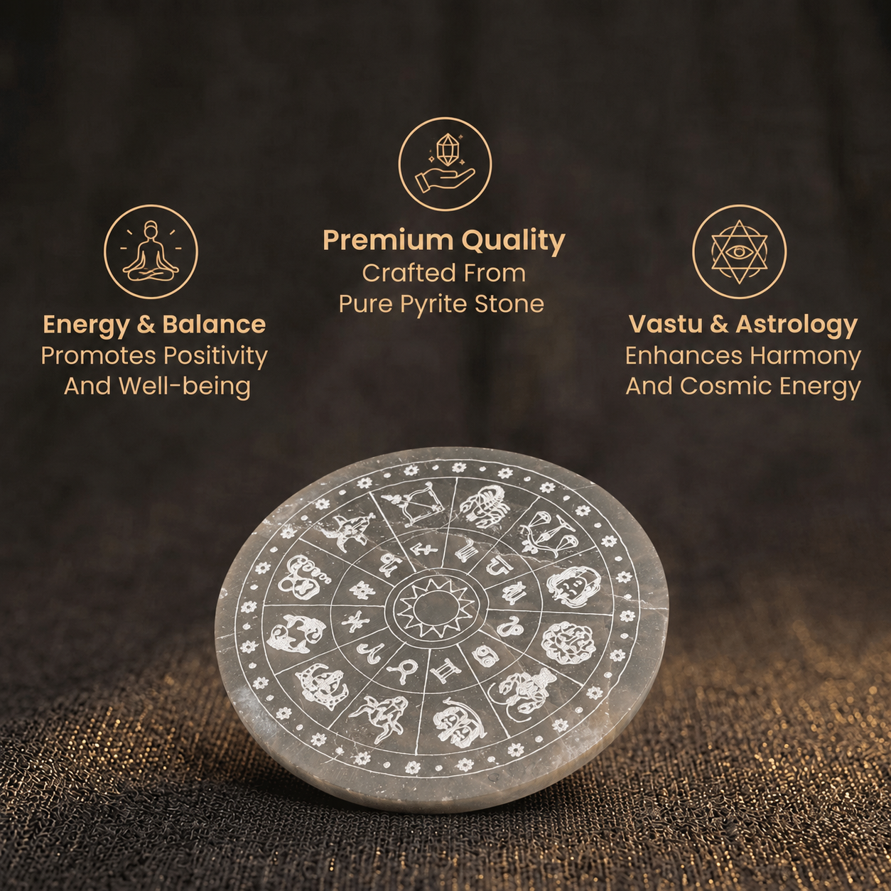 Short details of Zodiac Engraved Selenite Crystal Charging Plate