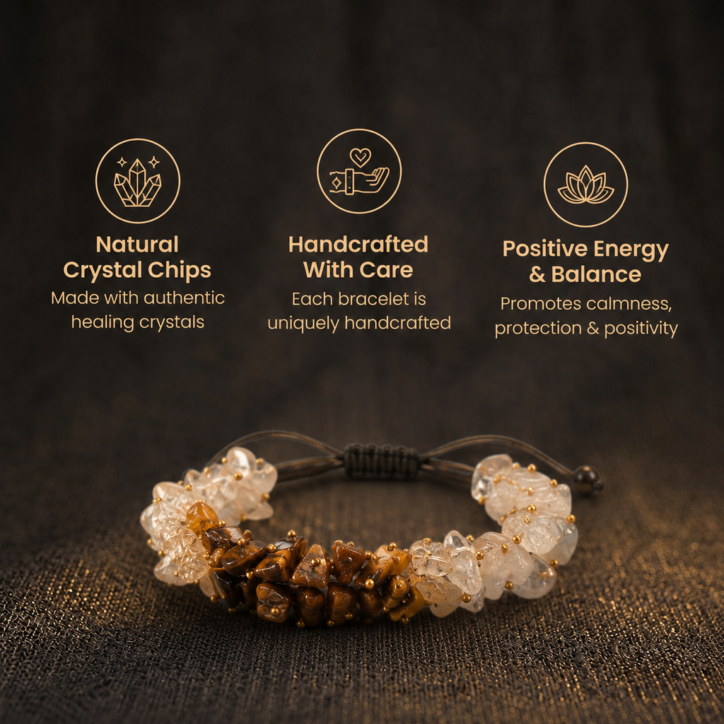 Short details of the Natural Multi-Gemstone Raw Chip Cluster Bracelet for Abundance, Confidence & Positivity