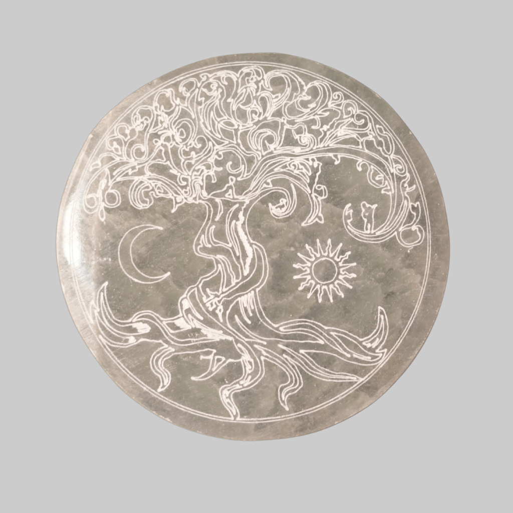 Tree of Life Engraved Natural Selenite Charging Plate