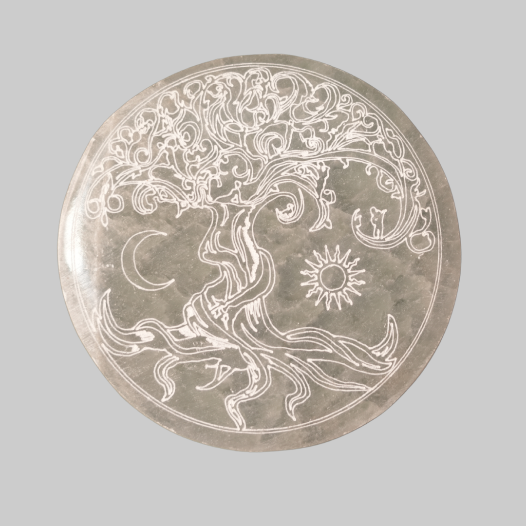 Tree of Life Engraved Natural Selenite Charging Plate