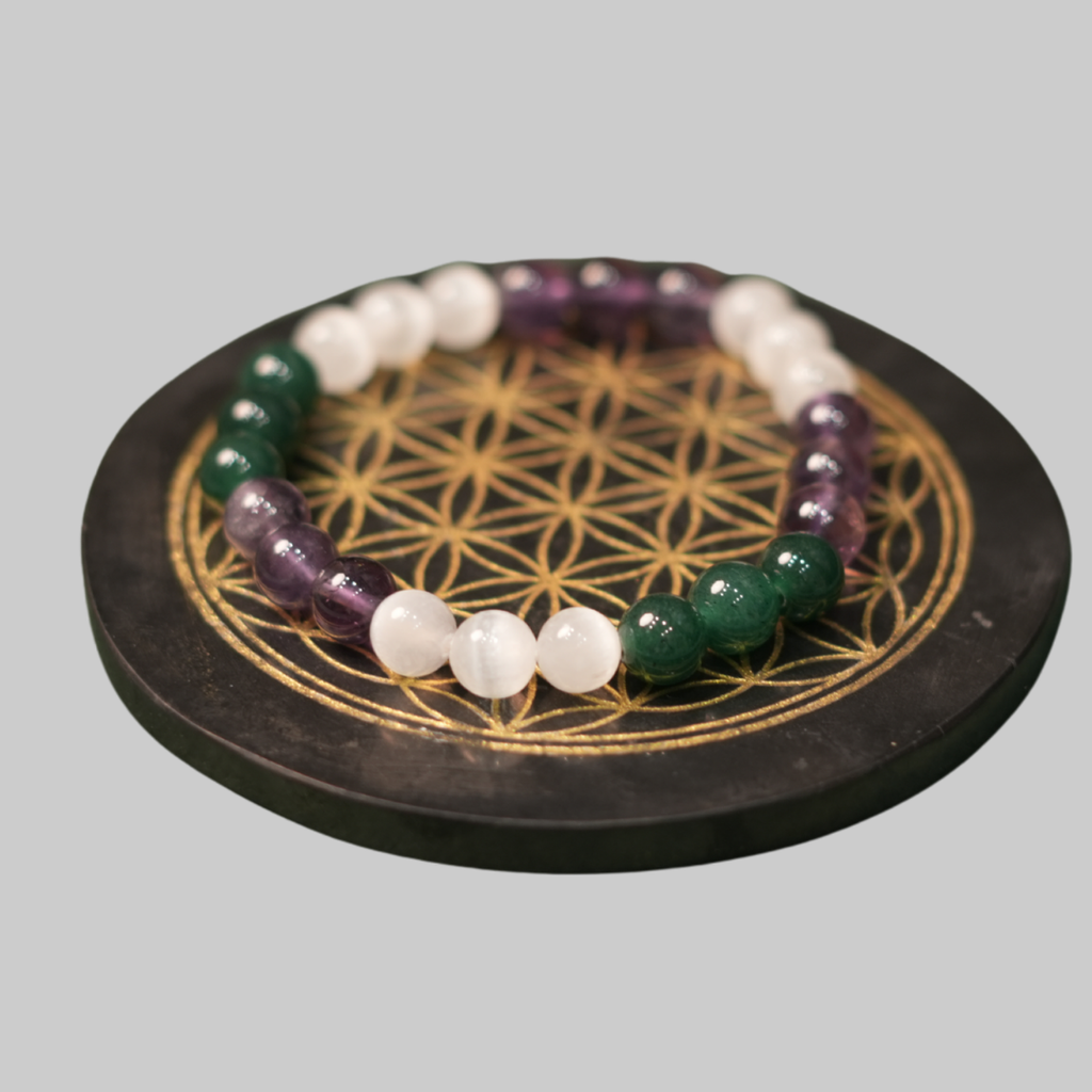 Tri-Energy Chakra Balancing Amethyst, Selenite & Green Jade Vastu Bracelet